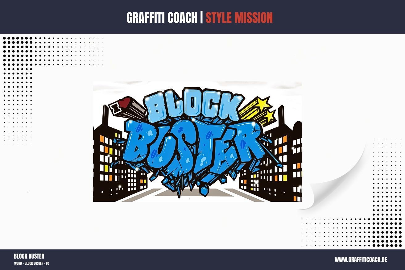 Blockbuster Style-Graffiti mit klaren, großflächigen Buchstaben – typisches Urban Art Format aus der Style Mission Galerie von Open Mike.