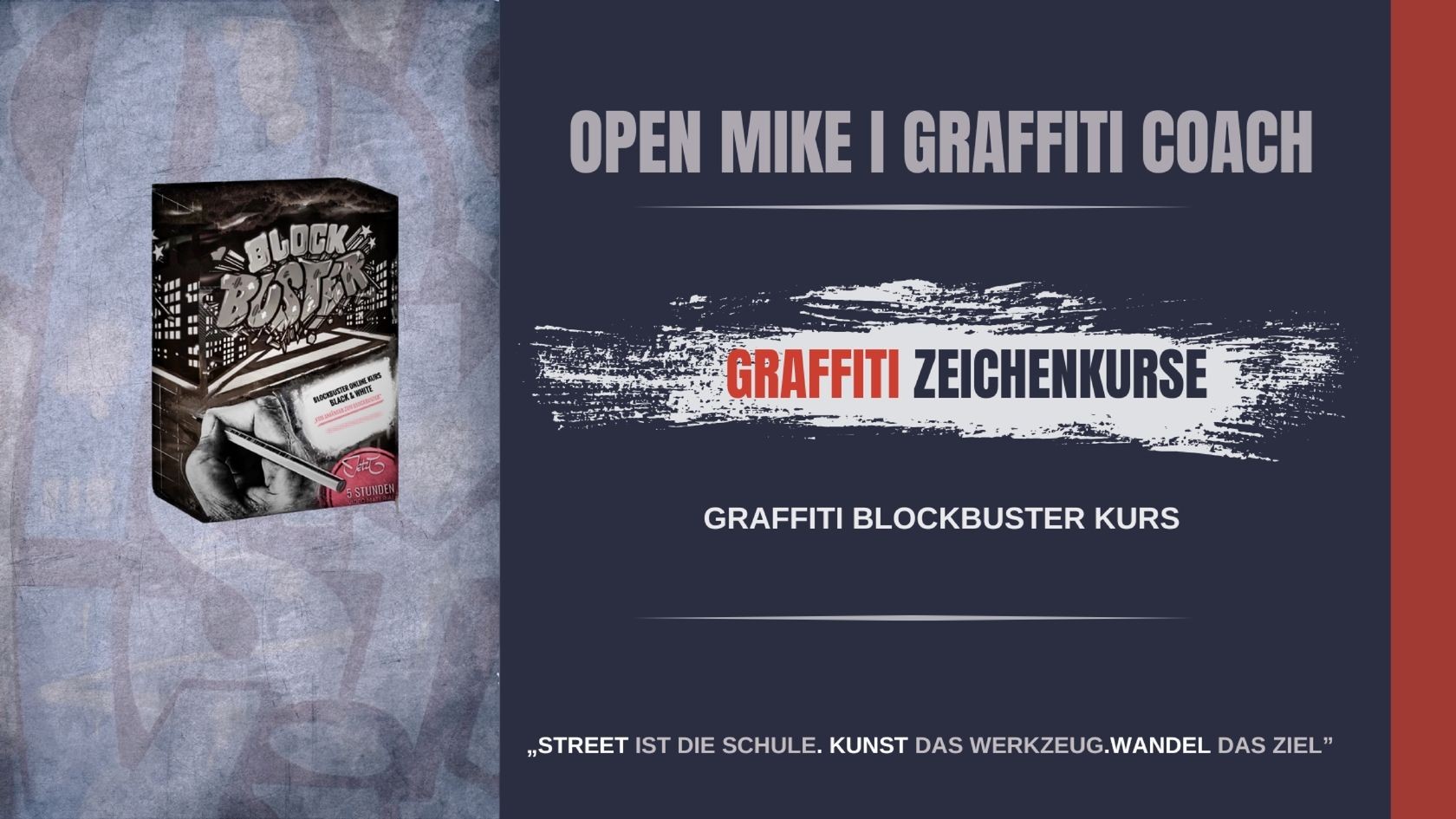 Blockbuster Graffiti Zeichenkurs – Digitale Kursbox mit 5 Stunden Videolektionen und urbanem Design. Visualisierung des Kursangebots von Graffiti Coach für Einsteiger und Fortgeschrittene