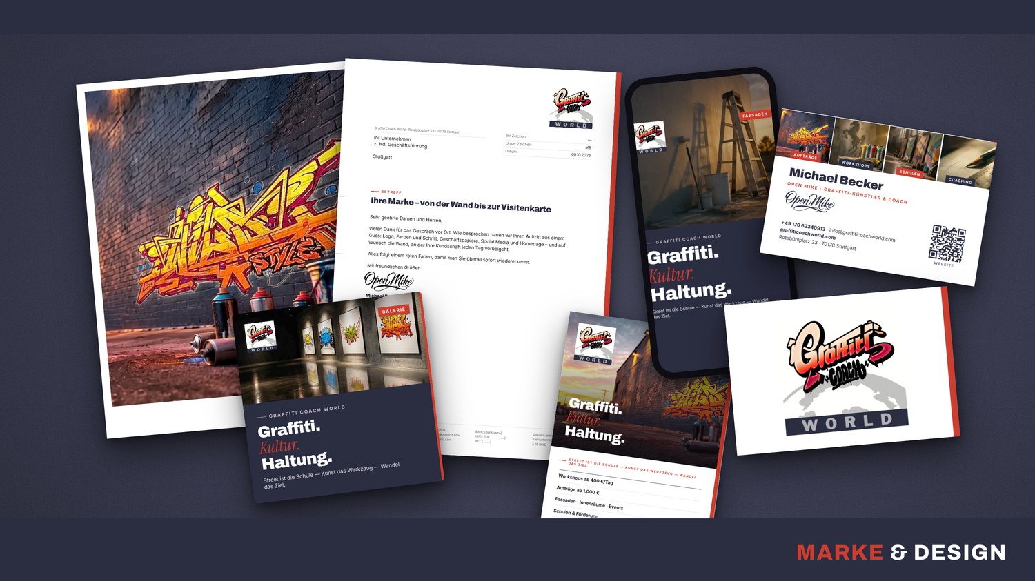 Marke & Design von Graffiti Coach World – Wandbild, Briefpapier, Visitenkarte und Social Media aus einem Guss