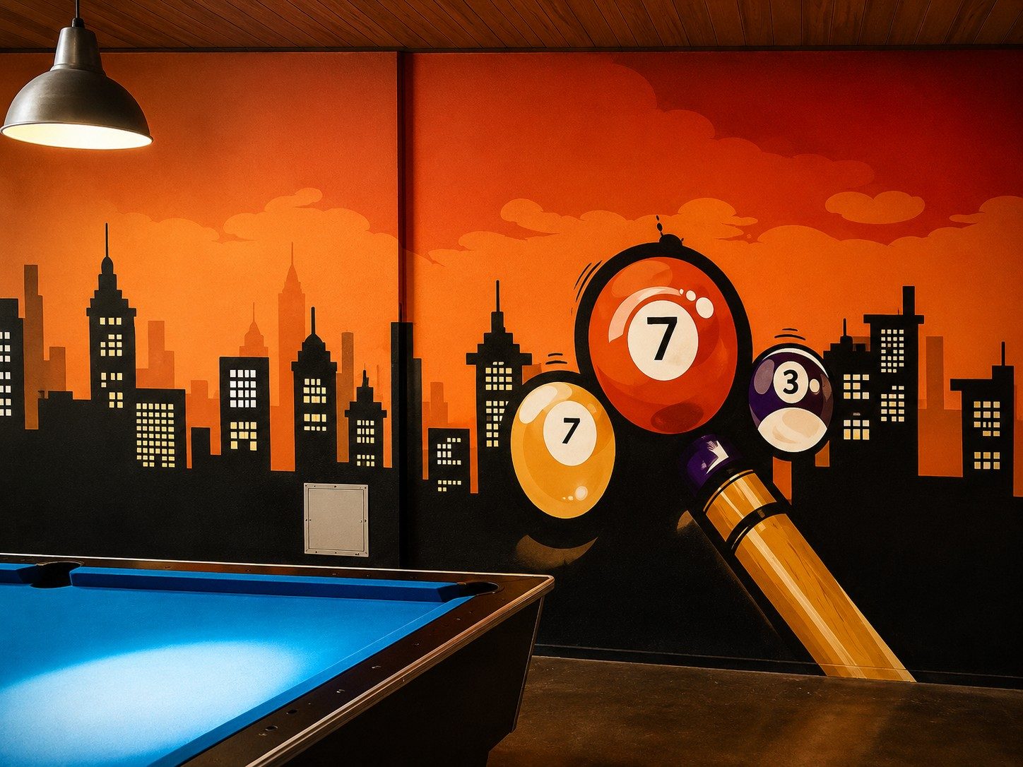 City-Skyline-Wandbild im Sonnenuntergang als Innenraum-Graffiti von Open Mike