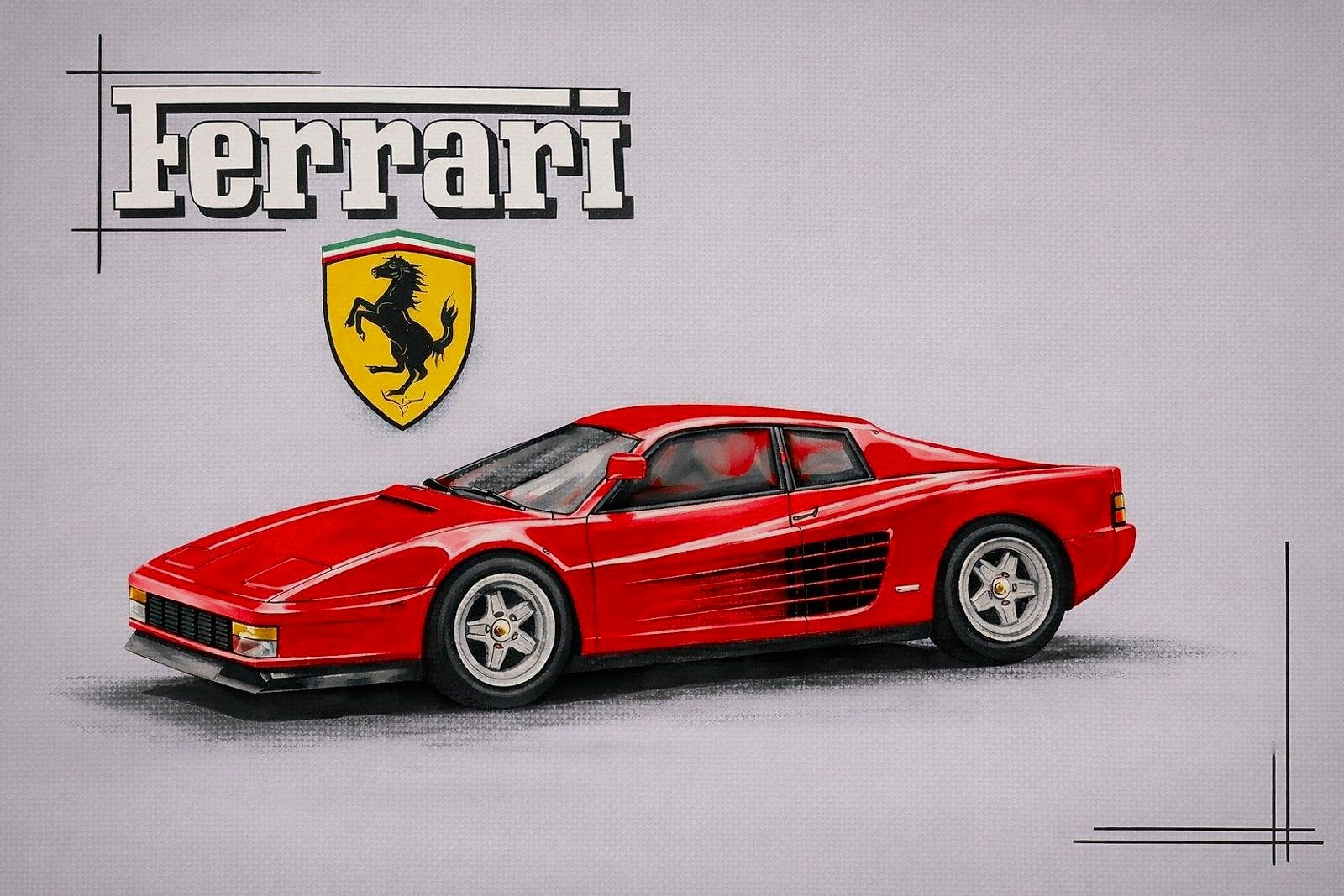 Fotorealistische Ferrari-Kunstwerke – Ferrari F40 und Testarossa in Acrylfarbe und Acrylmarker von Open Mike