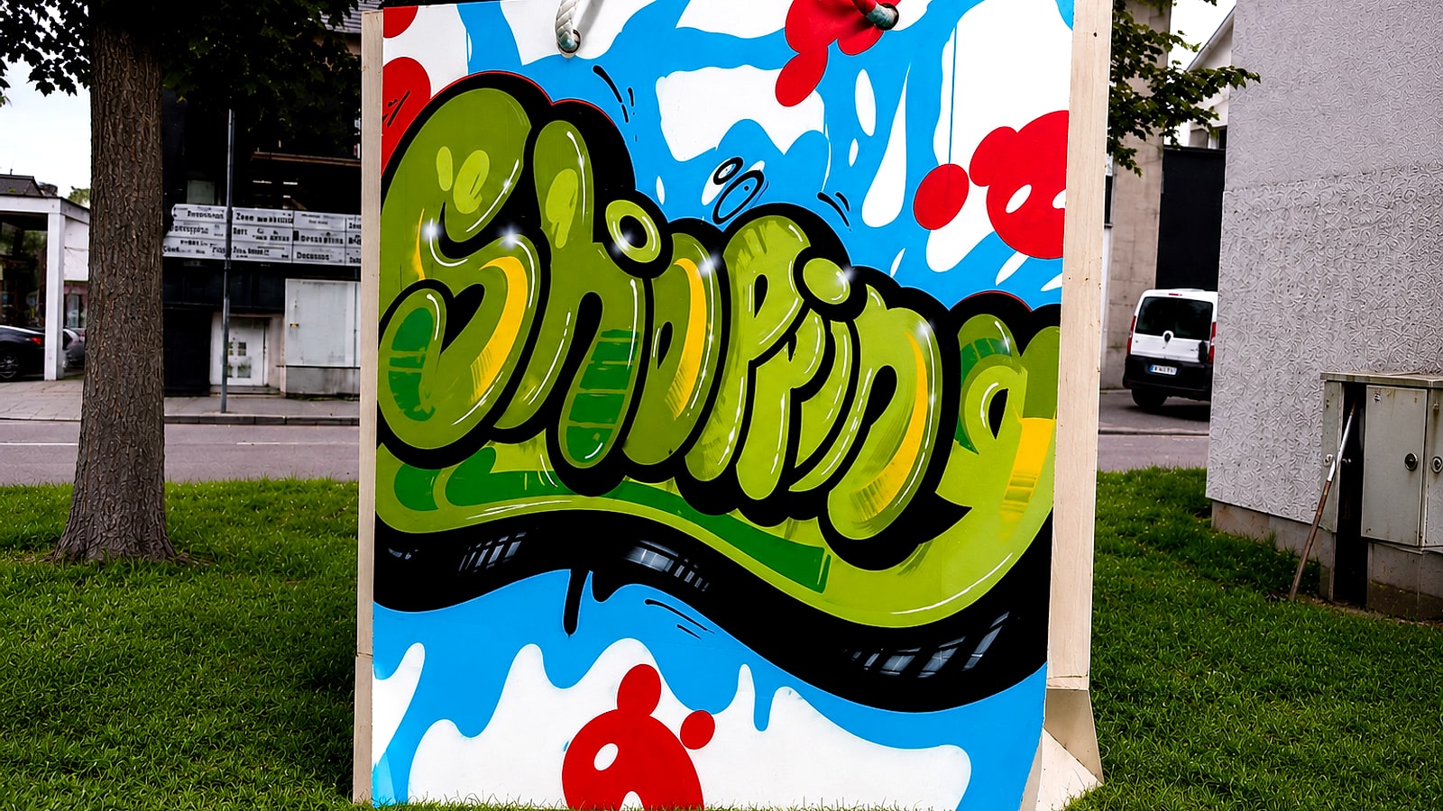 Überdimensionale Graffiti-Einkaufstasche mit dem Schriftzug »Shopping« in grünen Bubble-Buchstaben – das Wahrzeichen am Kreisverkehr in Esslingen-Hohenkreuz