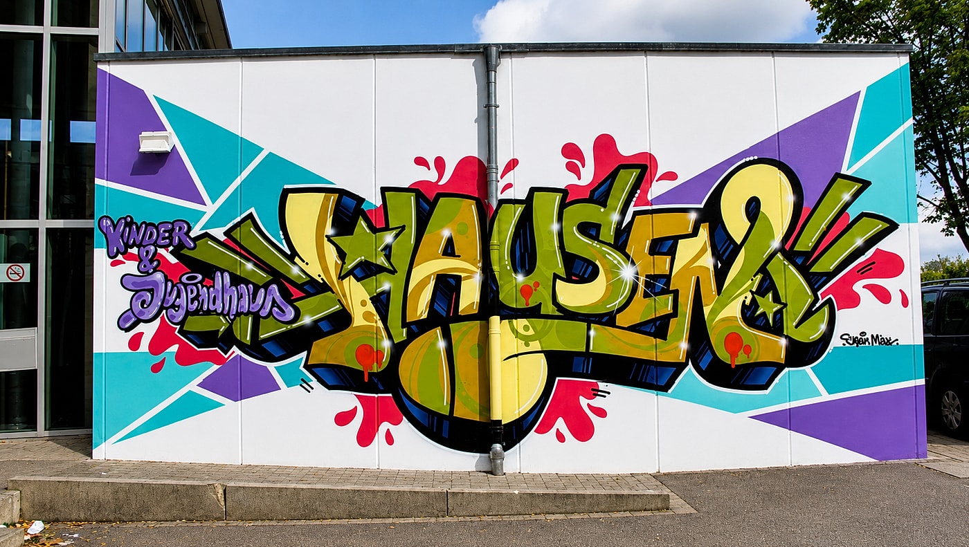 Fertiges Graffiti-Mural »HAUSEN« am Kinder- und Jugendhaus Hausen in Stuttgart