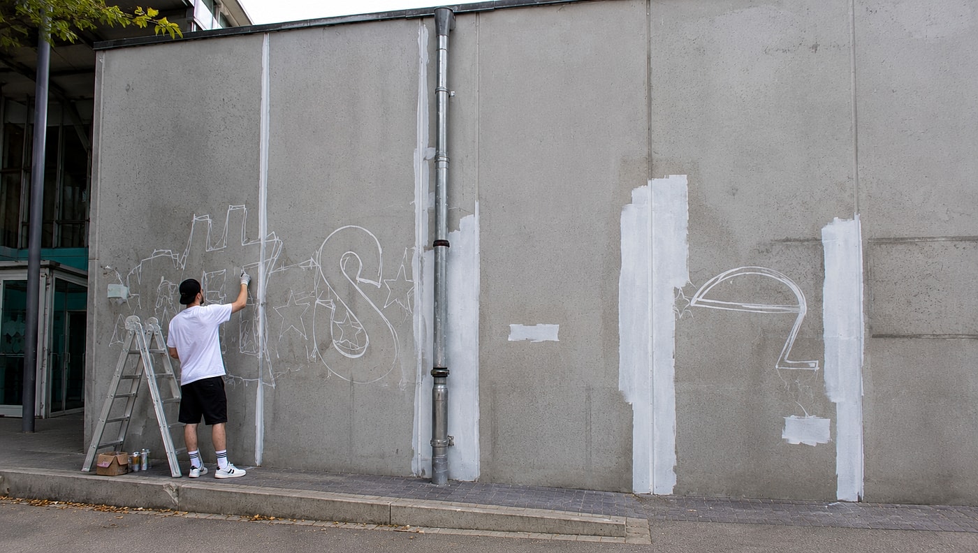 Graffiti-Coach Open Mike skizziert den Umriss auf die noch kahle Wand des Jugendhauses