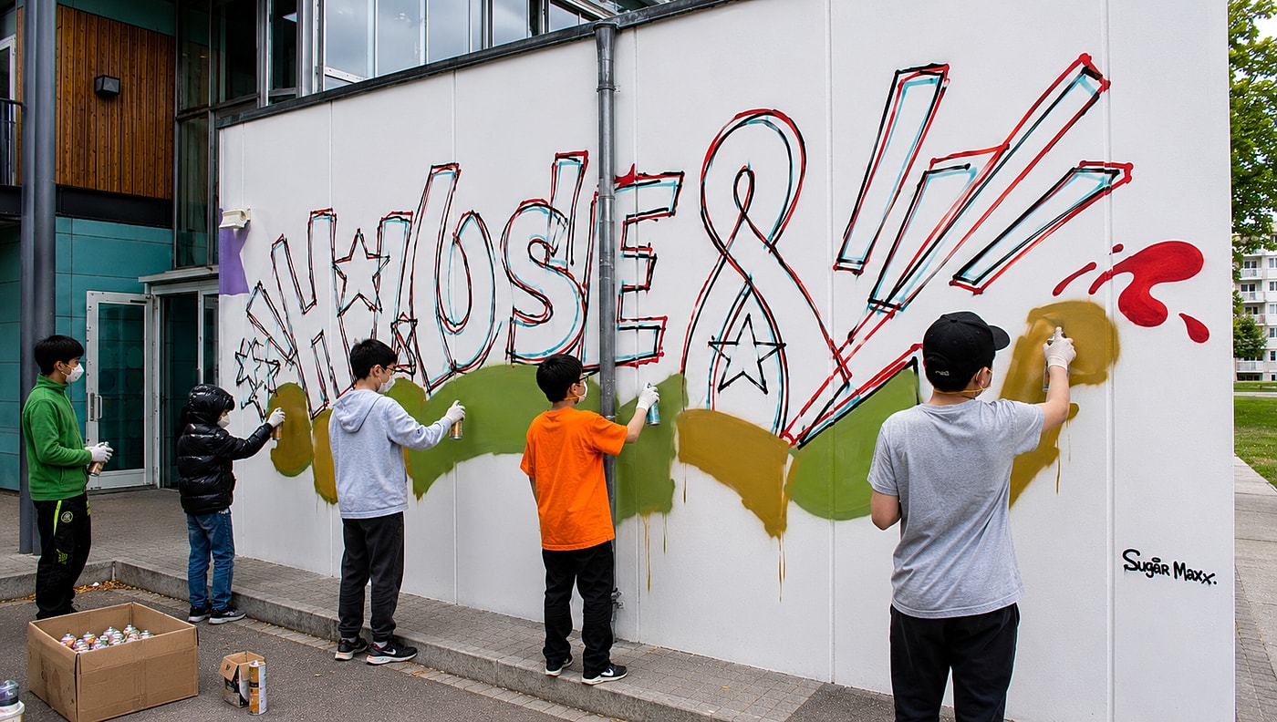 Jugendliche füllen beim Graffiti-Workshop die Buchstaben mit Farbe aus