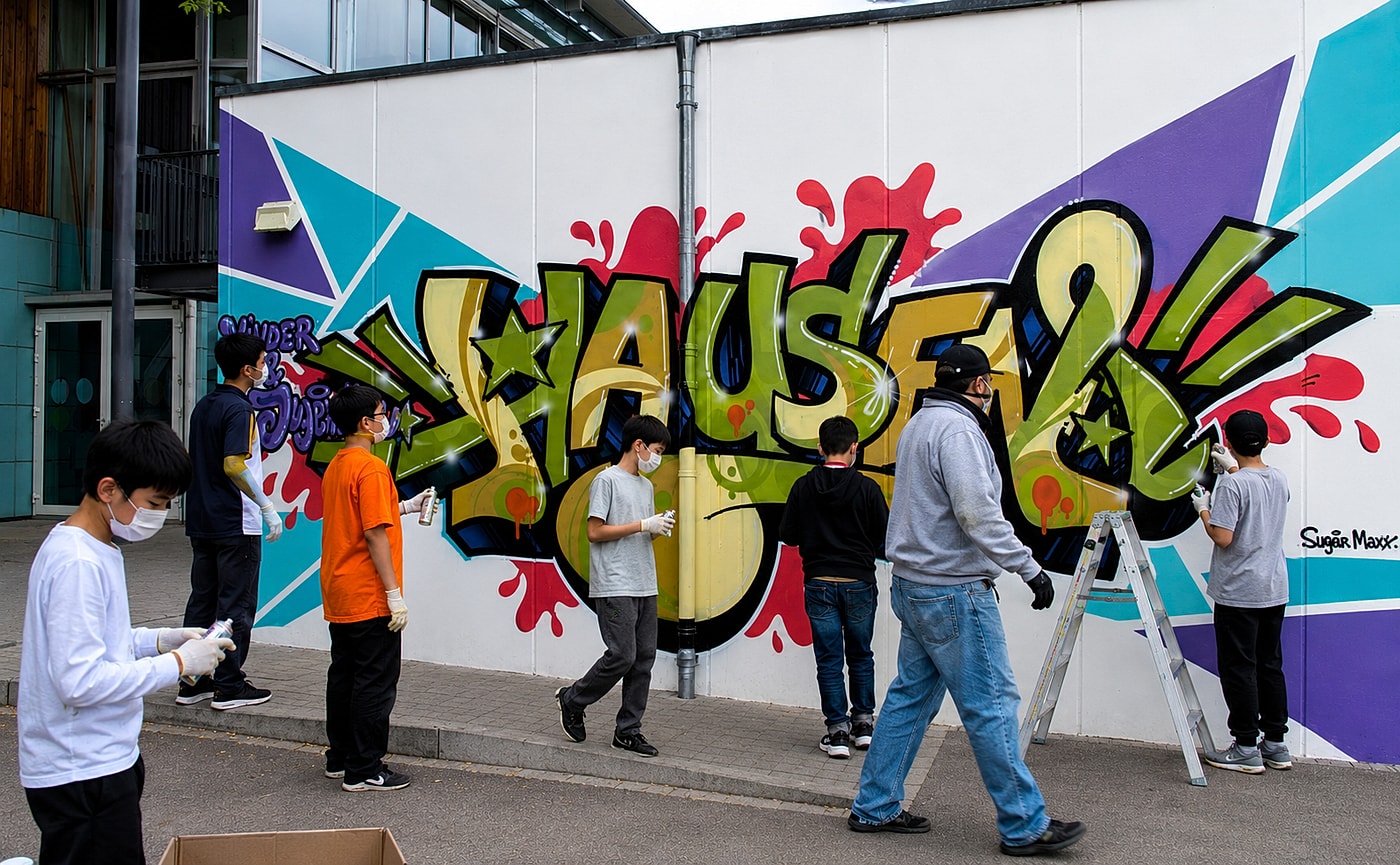 Das Graffiti-Mural kurz vor der Fertigstellung mit der Workshop-Gruppe davor