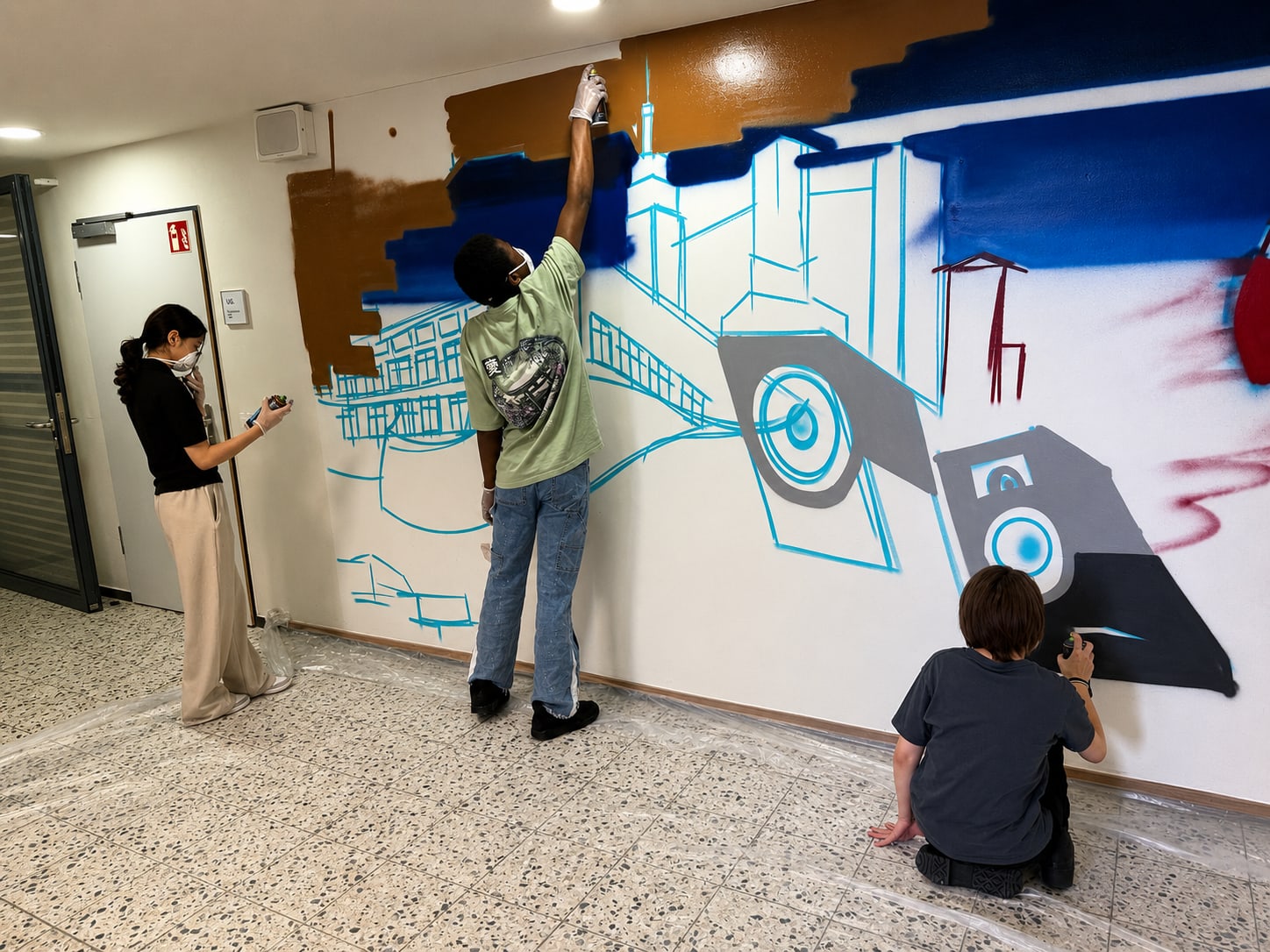 Drei Jugendliche sprühen an Wand mit türkisen Gebäudeumrissen, blauen Flächen und grau ausgemalten Lautsprechern