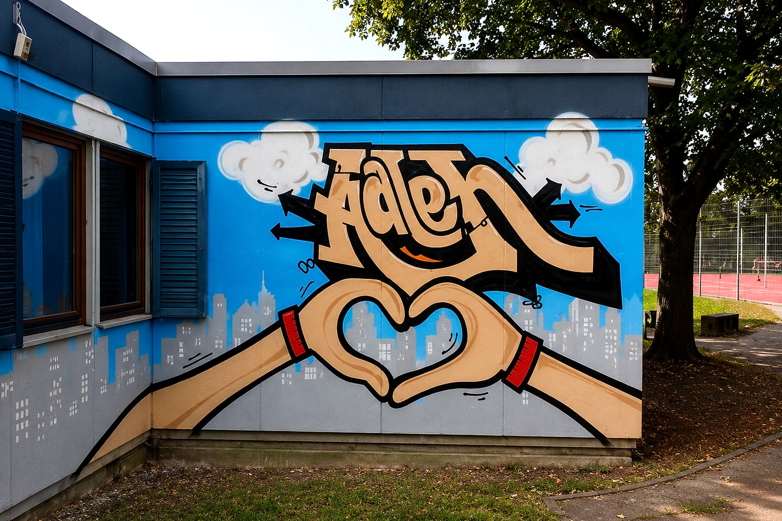 Graffiti-Mural »Aalen« mit zwei Händen, die ein Herz formen, an der Fassade des Treffpunkts Rötenberg in Aalen.