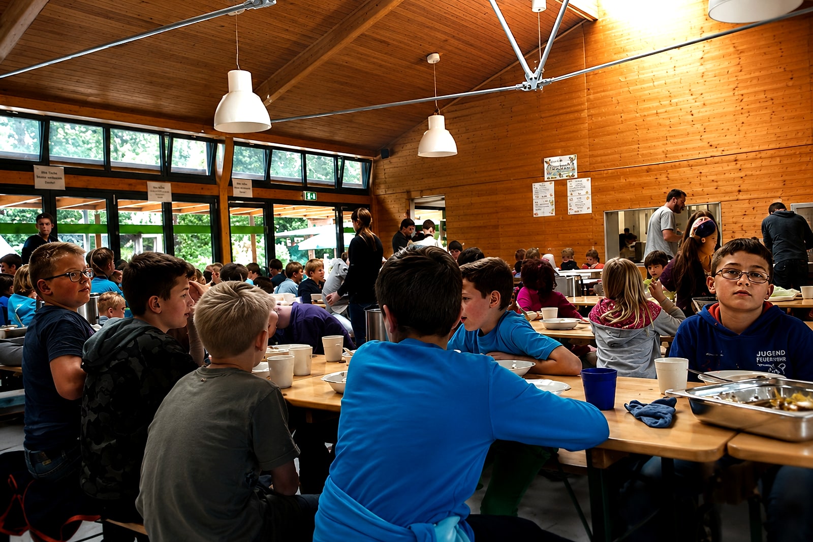 Kinder beim gemeinsamen Mittagessen im Speisesaal des Ferienwaldheims Möhringen.