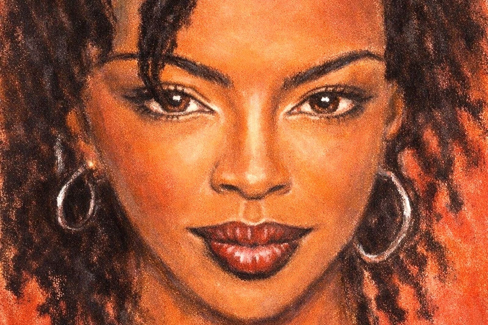 Fotorealistisches Lauryn-Hill-Porträt in Pastellkreide auf Leinwand von Open Mike