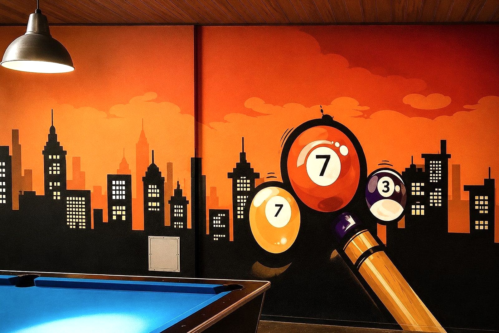Innenraum-Wandbild im Billardcafé: Stuttgart-/Zuffenhausen-Skyline vor rotem Himmel mit fliegenden Billiardkugeln von Open Mike
