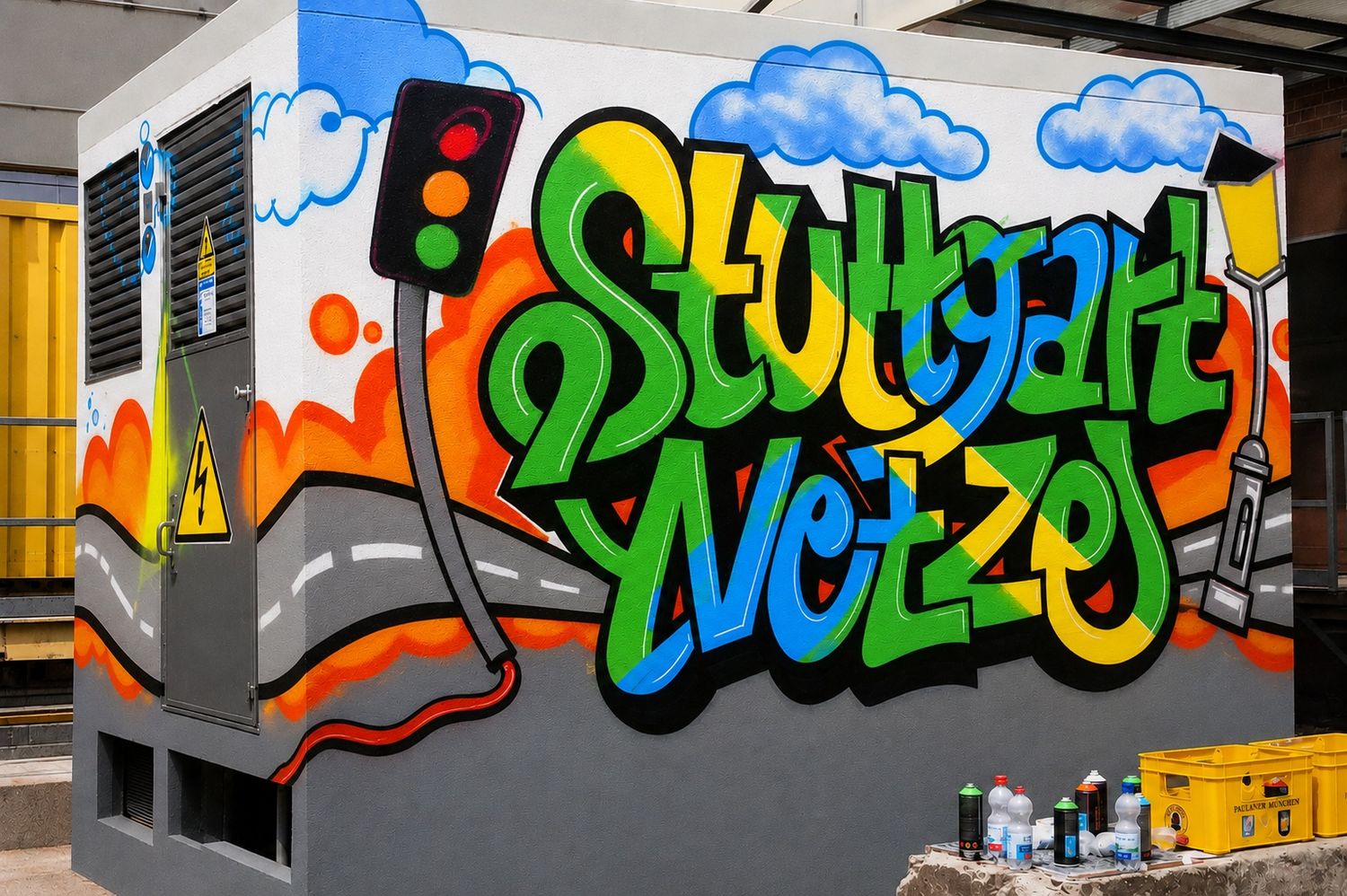 Fertiges „Stuttgart Netze"-Graffiti auf einer Trafostation – Firmen-Teamevent mit Open Mike in Stuttgart